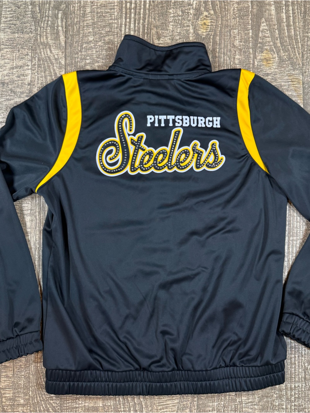 NFL Pittsburgh Steelers Black and Gold Rhinestone Team Jacket Women’s Large